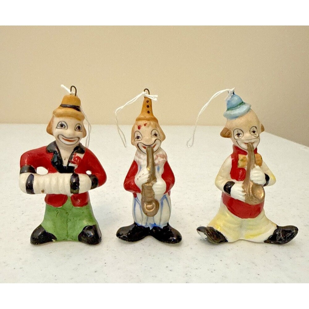 Three Vintage 1979 Enesco Clowns Playing Instruments- Christmas Tree Ornaments